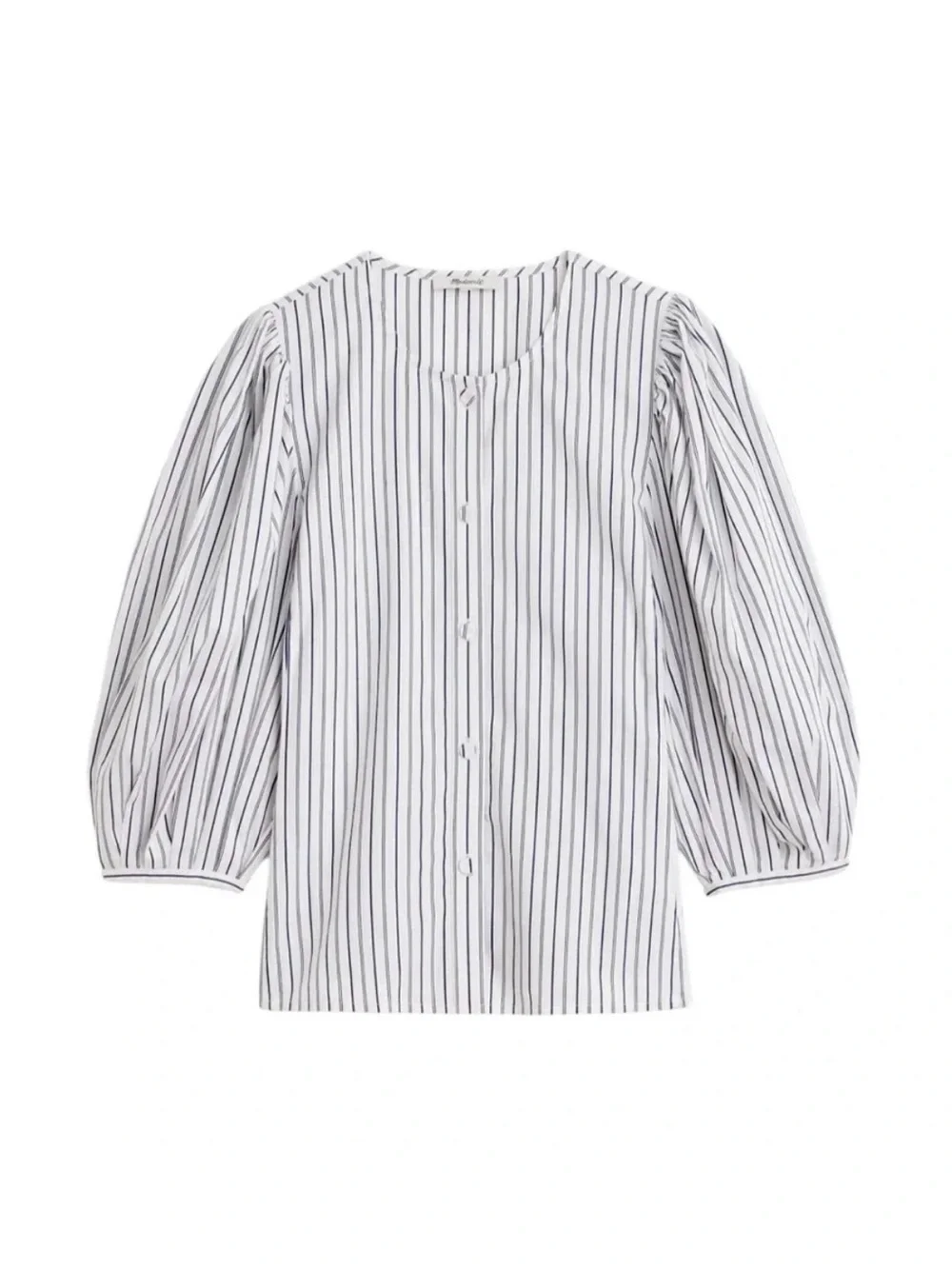Madewell Puff-Sleeve Button-Up Top in Dark Blue and White Stripes